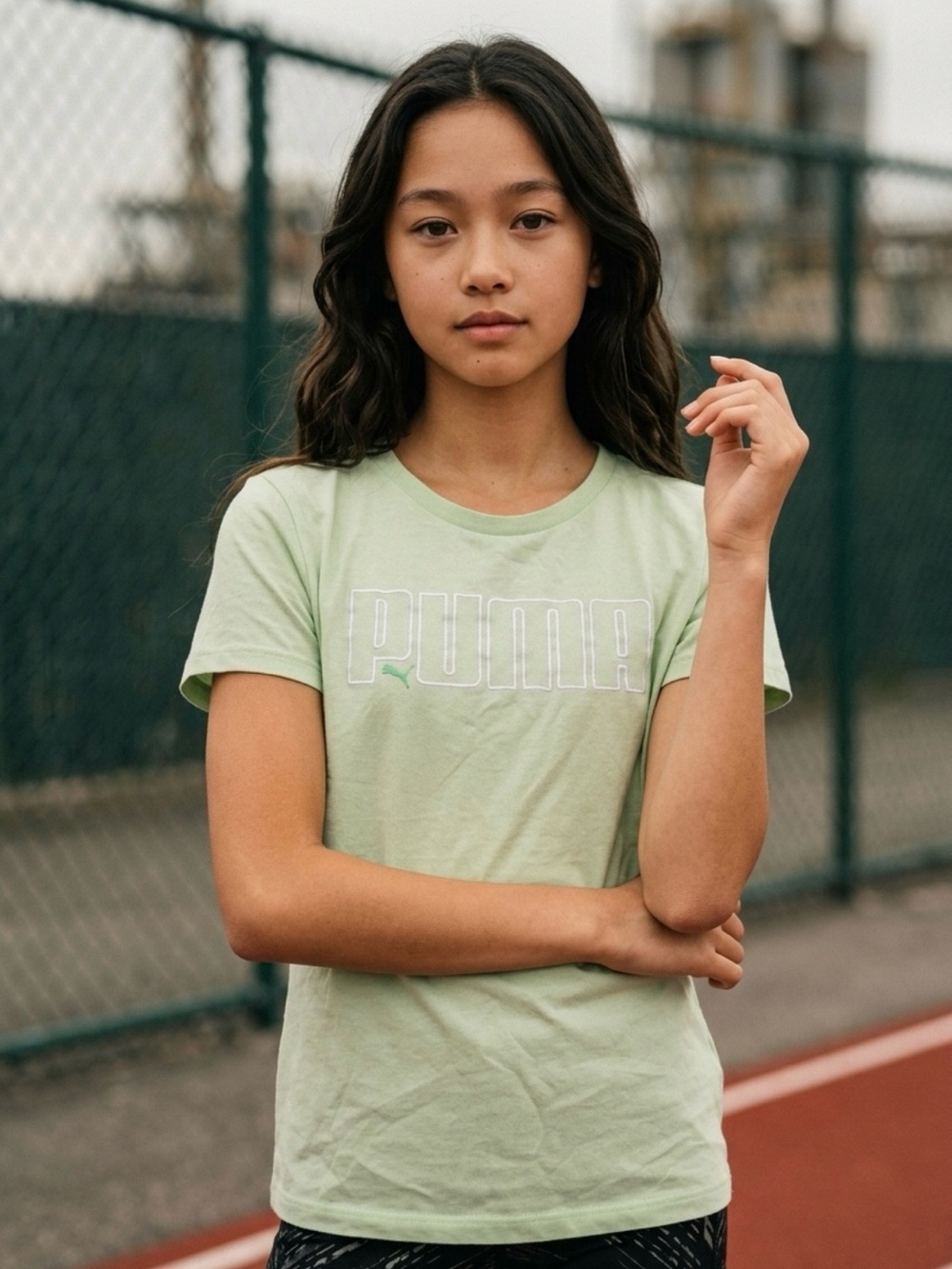 Puma Girls Sage Green Short Sleeve Logo Tee